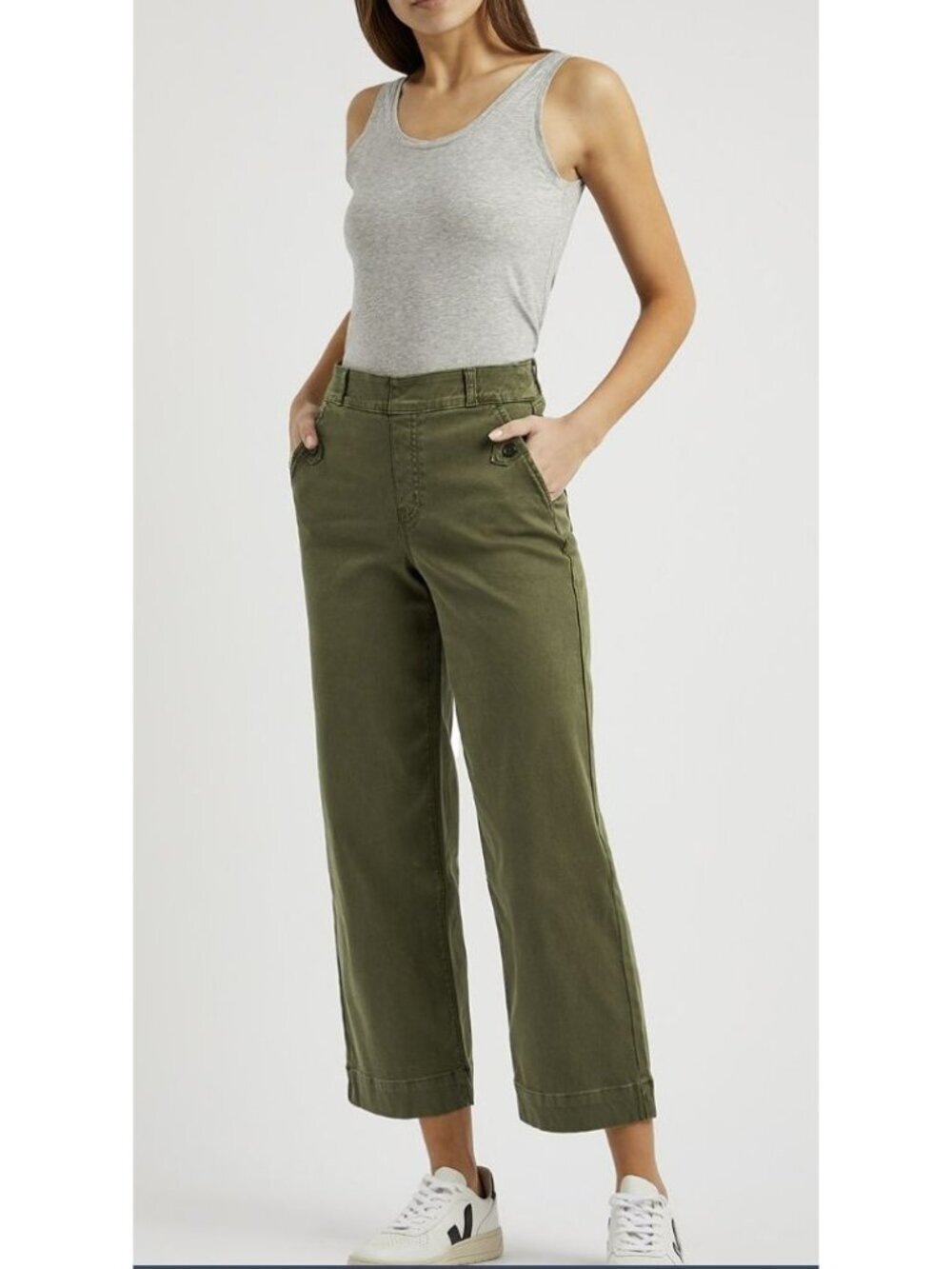 Spanx Cropped Twill Dark Pine Green Pants Size Medium New - Picture 2 of 7